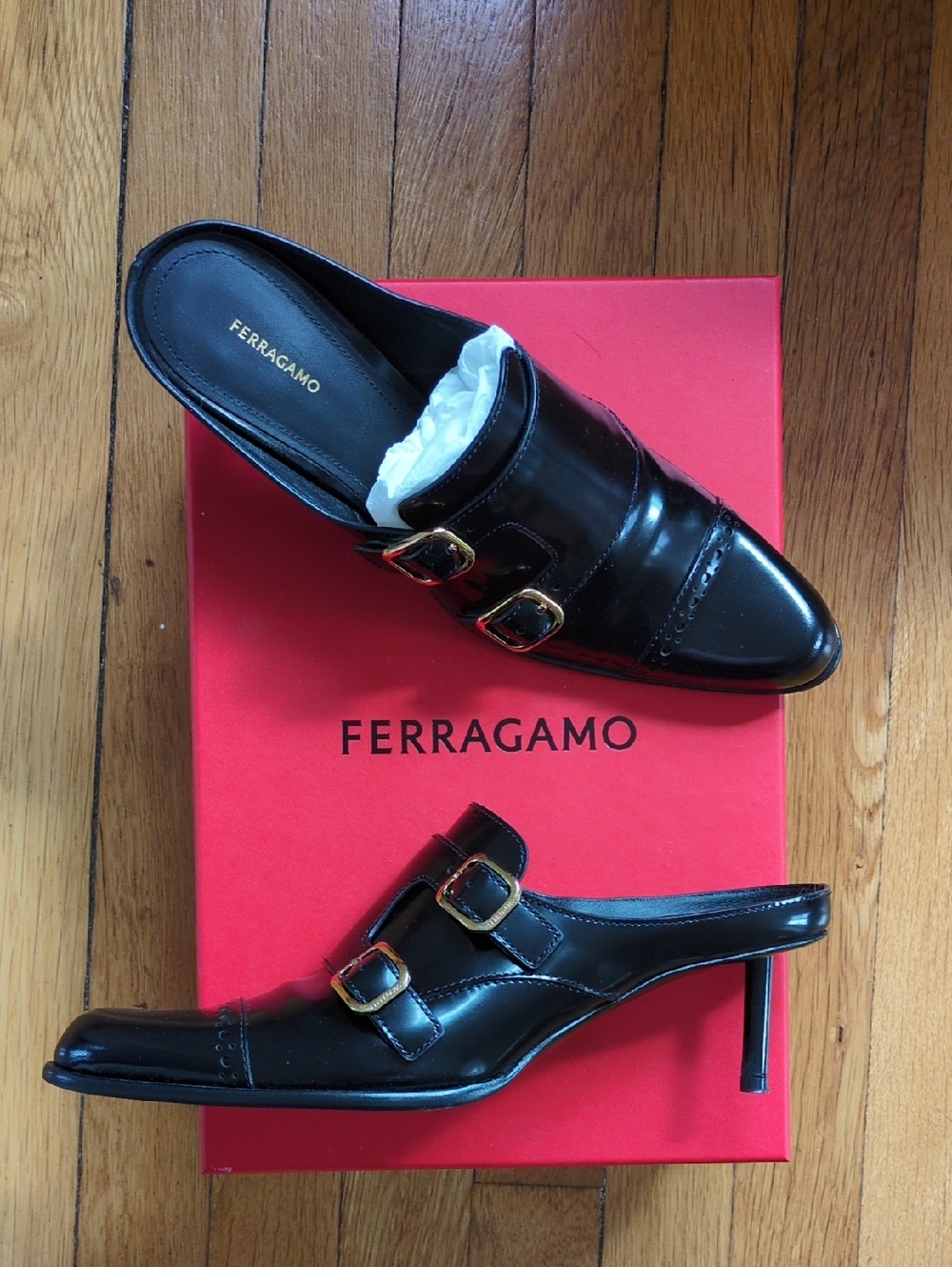 Salvatore Ferragamo Black Patent Leather Double-Buckle Mule Heels